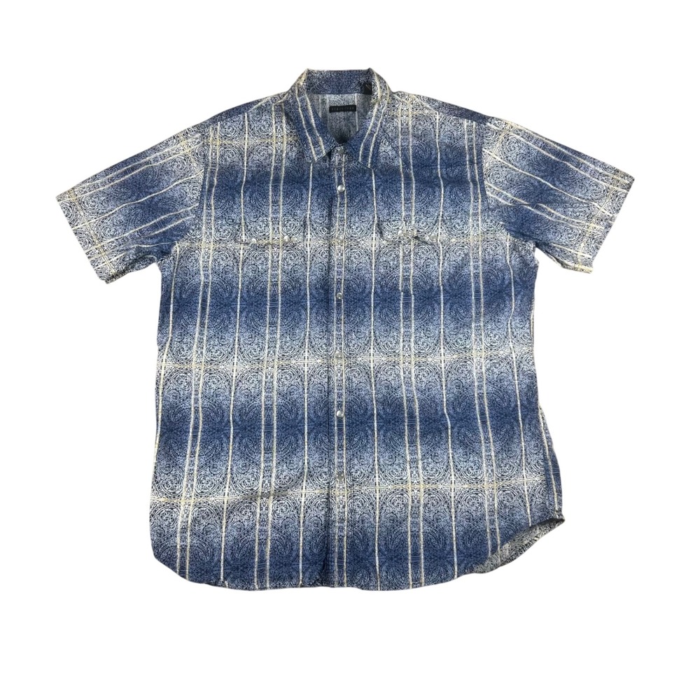 Structure Mens‎ Large Blue Paisley Stripe Pearl Snap Short Sleeve Cotton Shirt